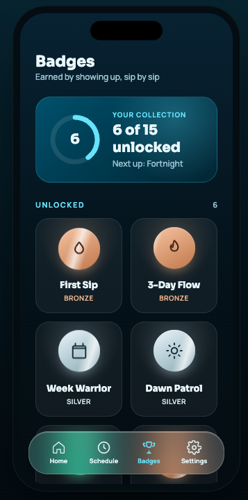 SipReceipt badges screen showing earned hydration milestones