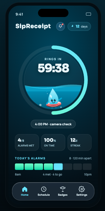 SipReceipt home screen showing the hydration tank and verified streak